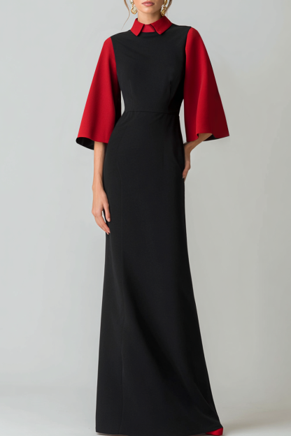 Evening Formal Dress Red Black Sheath Bell Sleeve Maxi Dress 