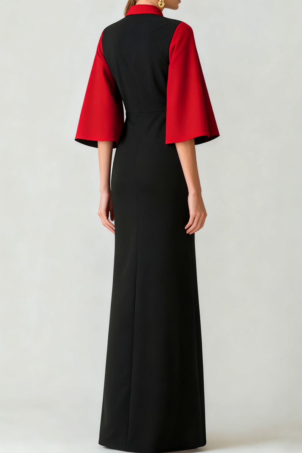 Evening Formal Dress Red Black Sheath Bell Sleeve Maxi Dress 