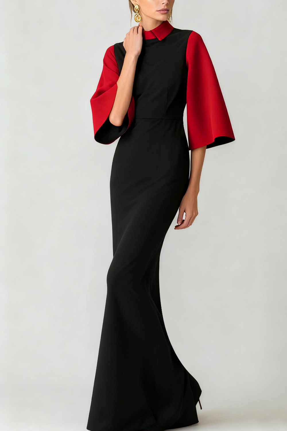 Evening Formal Dress Red Black Sheath Bell Sleeve Maxi Dress 