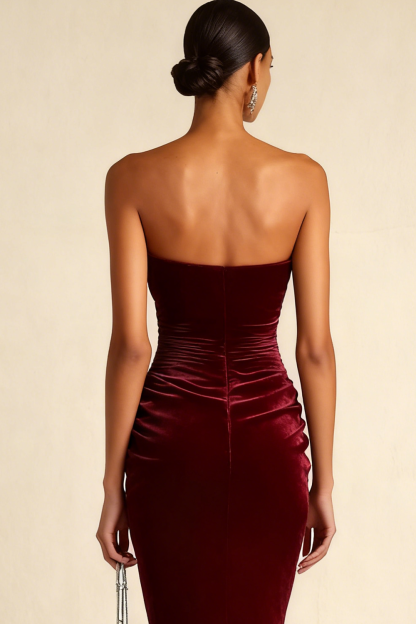 Formal Evening Dress Burgundy Strapless Velvet Maxi Dress with Ruffle