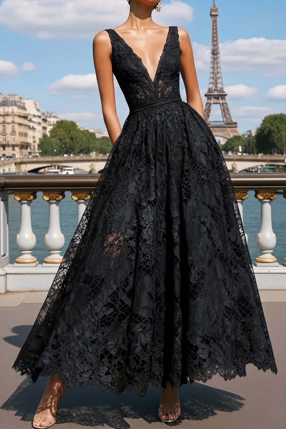 Prom Evening Dress Blue A-Line V Neck Lace Maxi Dress