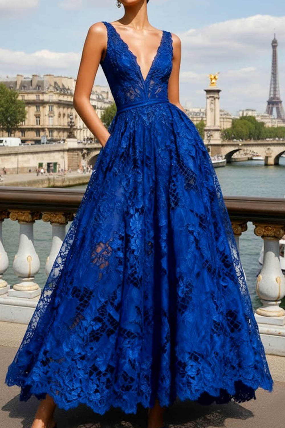 Prom Evening Dress Blue A-Line V Neck Lace Maxi Dress