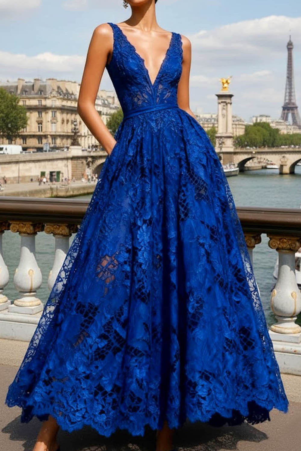 Prom Evening Dress Blue A-Line V Neck Lace Maxi Dress