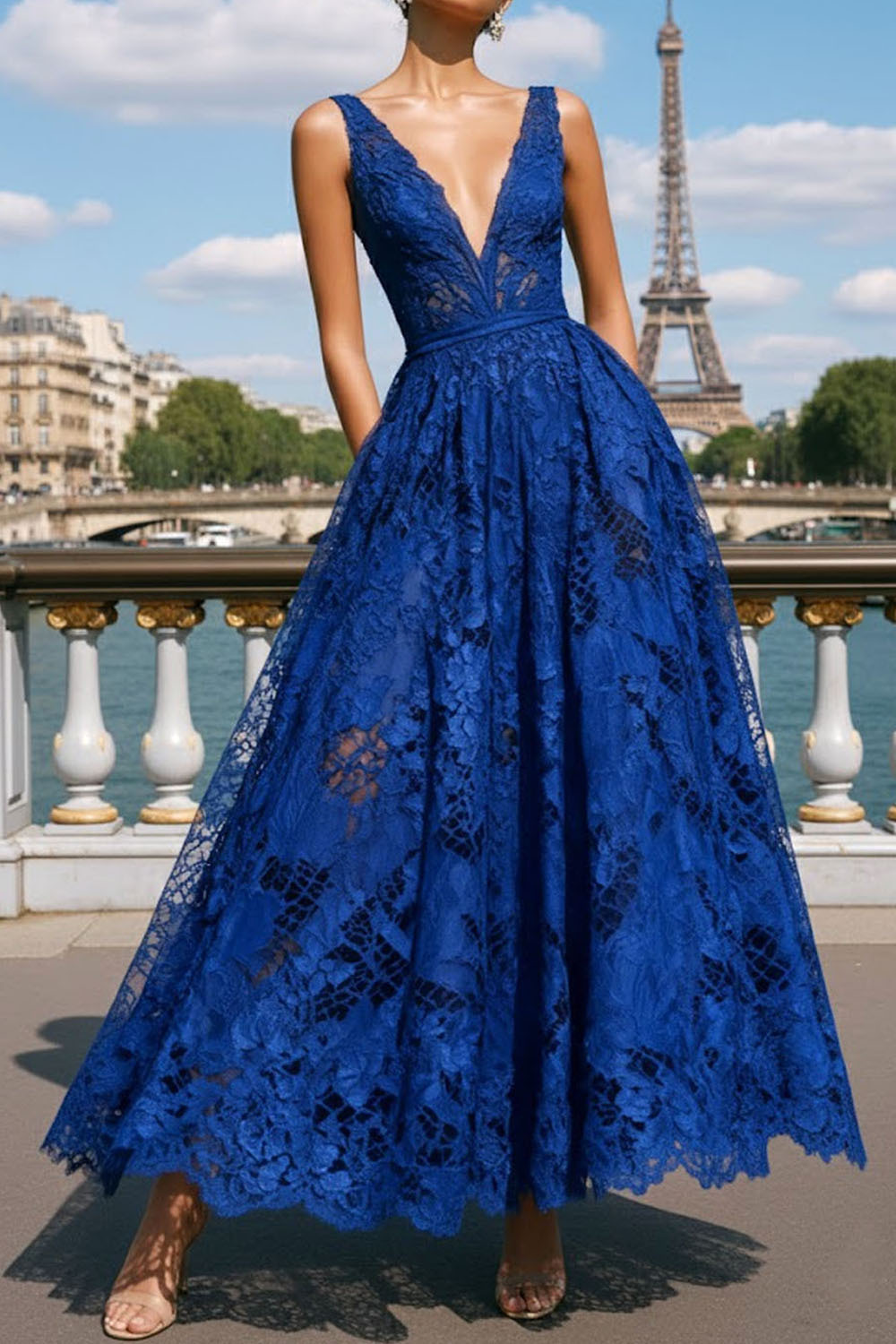 Prom Evening Dress Blue A-Line V Neck Lace Maxi Dress