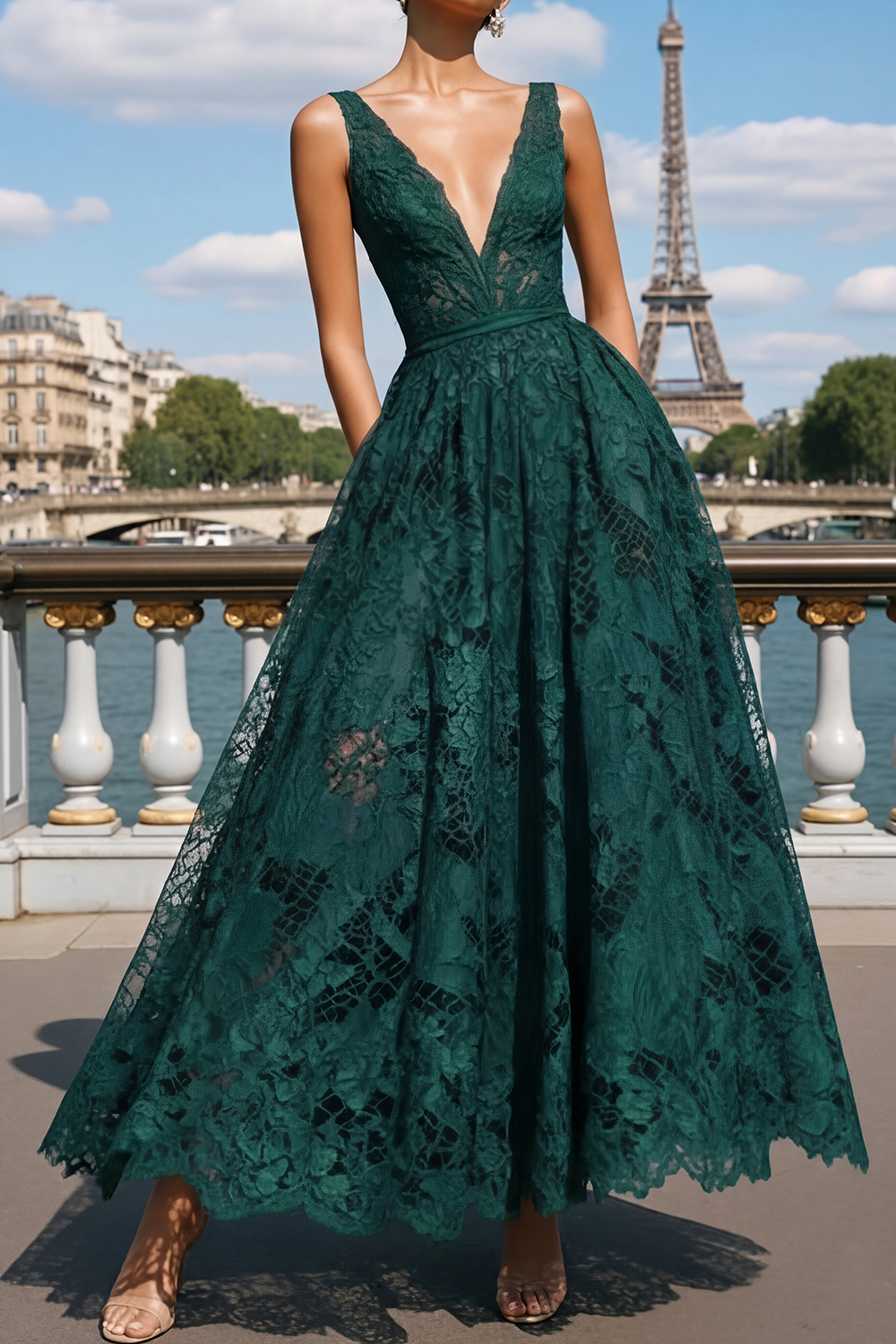 Prom Evening Dress Blue A-Line V Neck Lace Maxi Dress