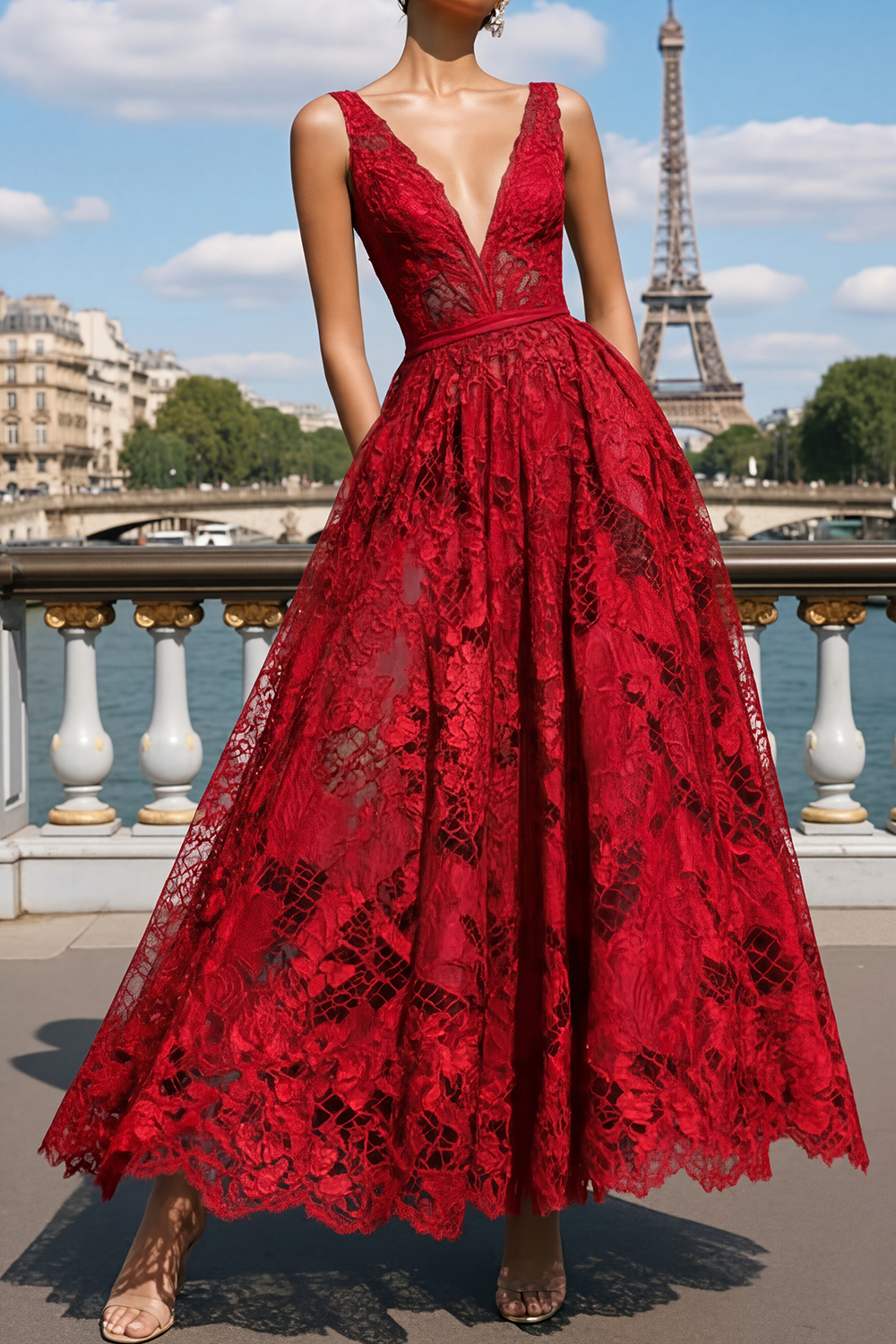 Prom Evening Dress Blue A-Line V Neck Lace Maxi Dress