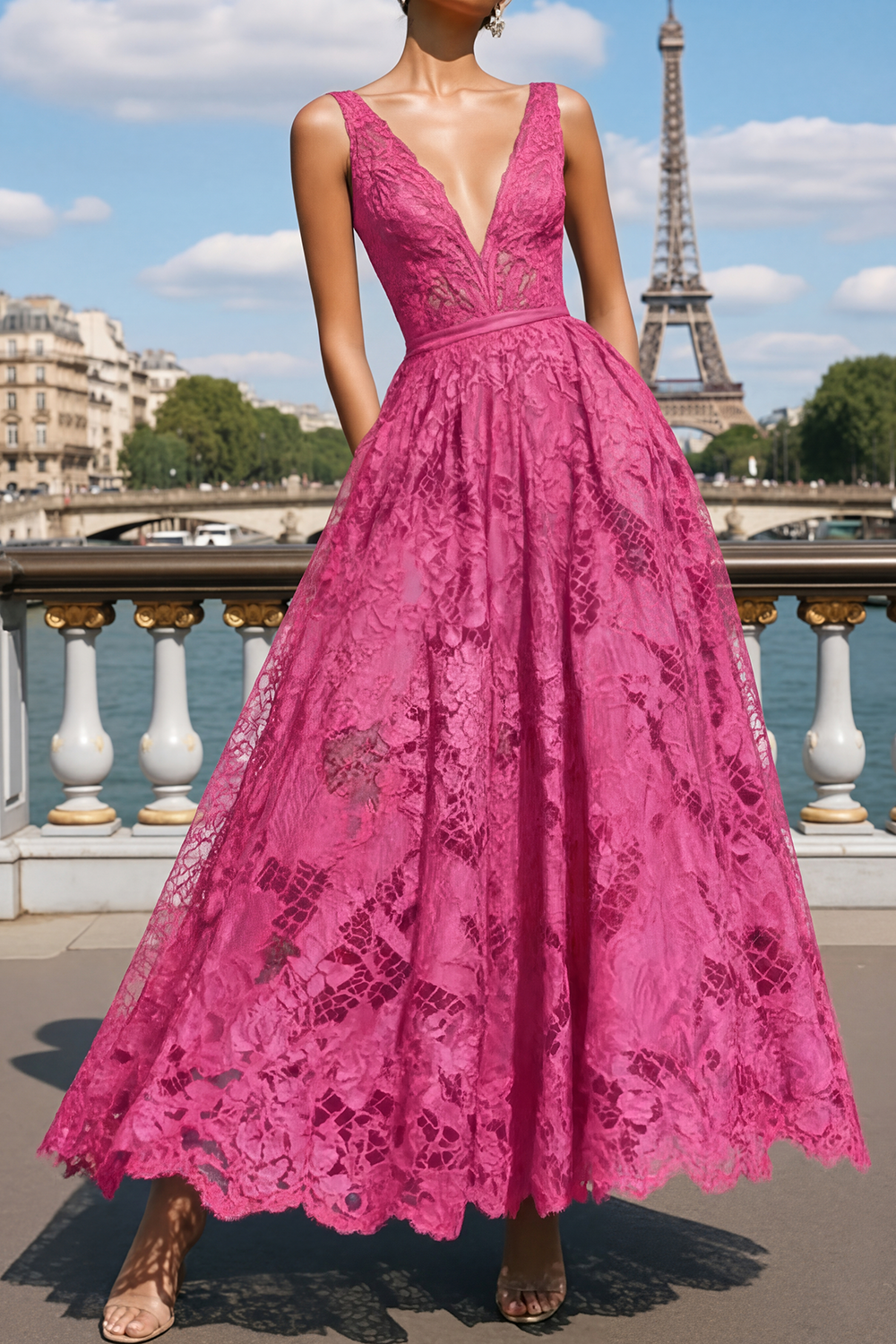 Prom Evening Dress Blue A-Line V Neck Lace Maxi Dress