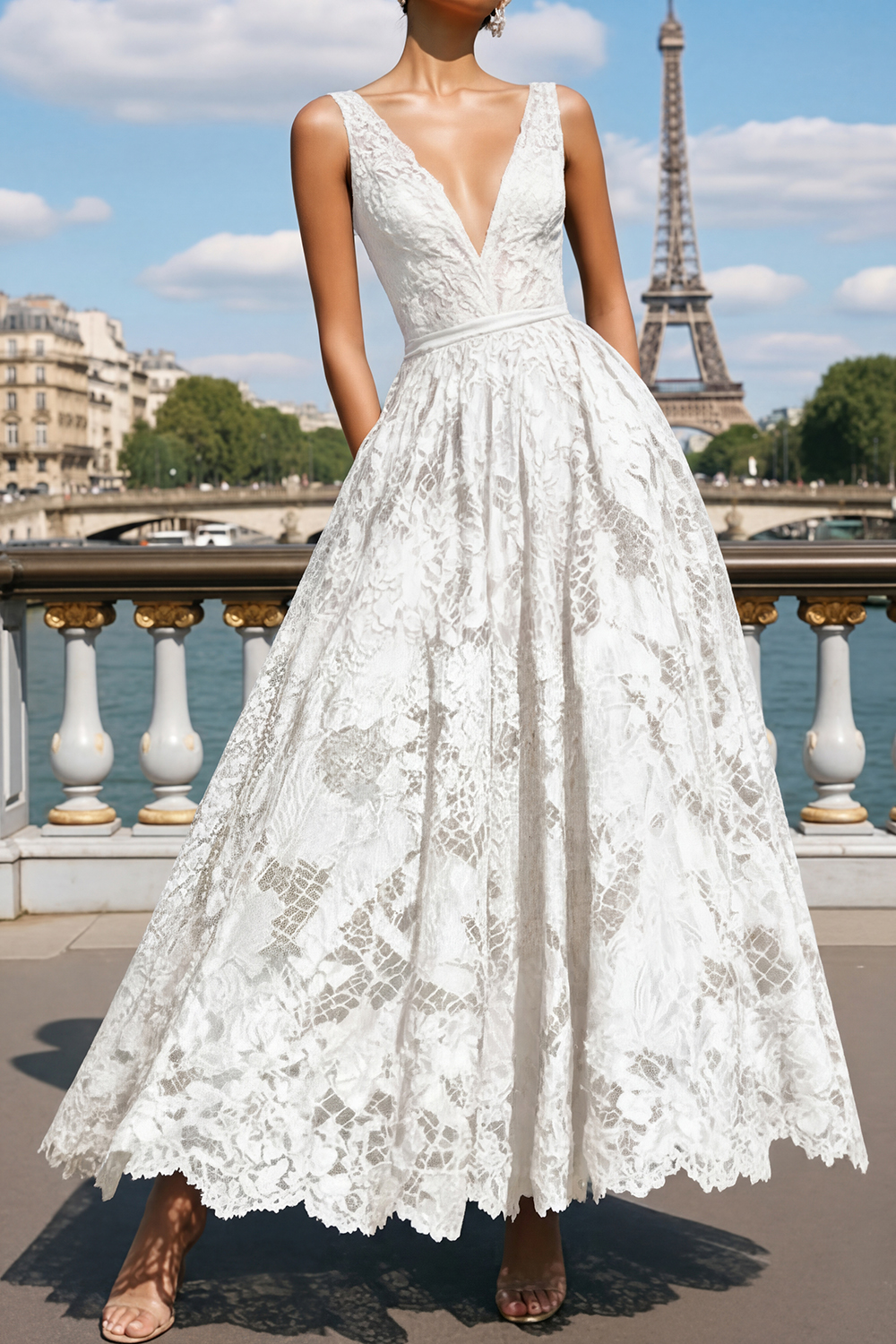 Prom Evening Dress Blue A-Line V Neck Lace Maxi Dress