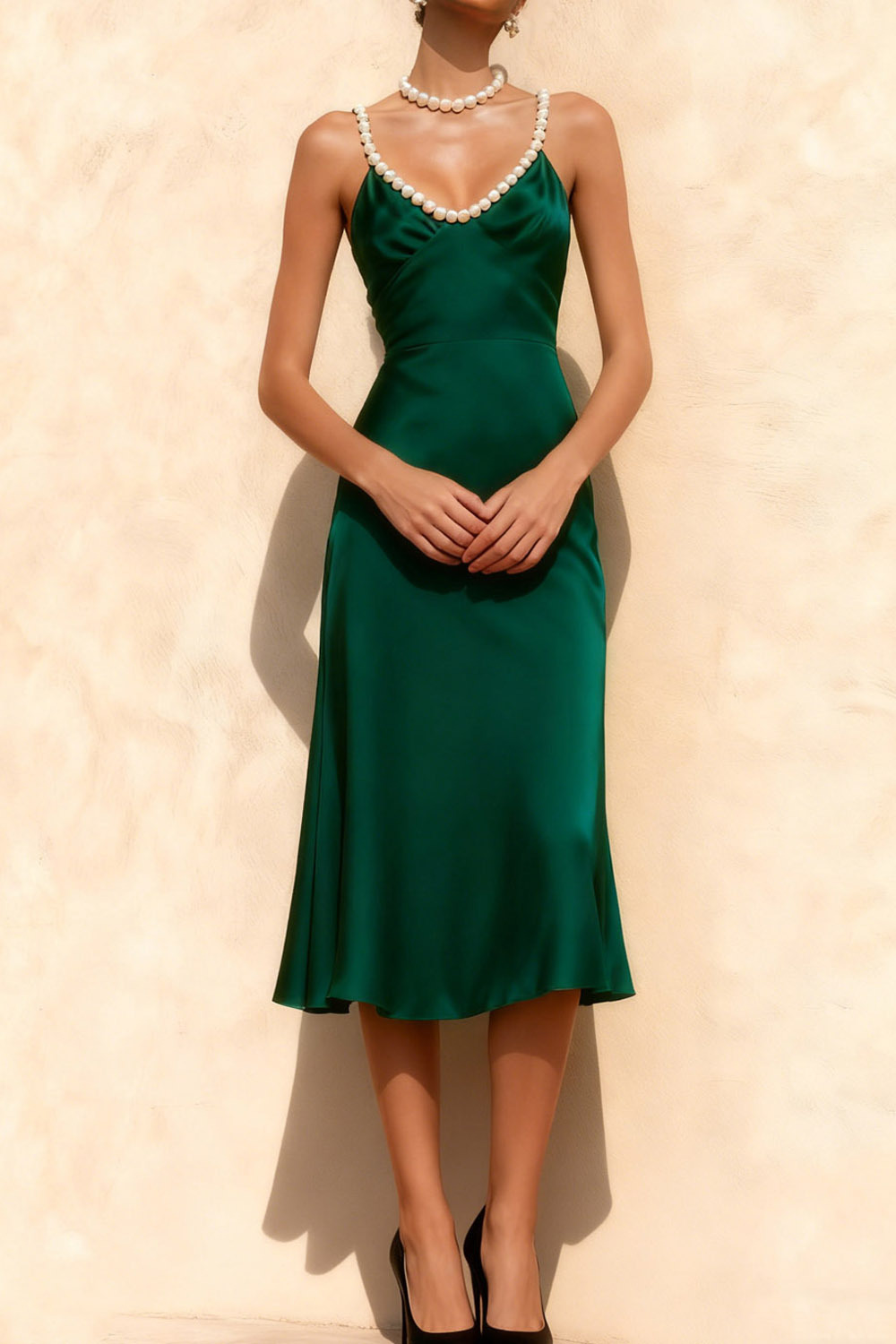 Emerald Green Formal Dress Beaded Spaghetti Straps Satin Midi Dress 