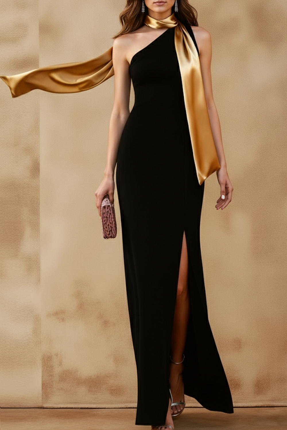Formal Dress Black One Shoulder Satin Scarf Maxi Dress with Slit