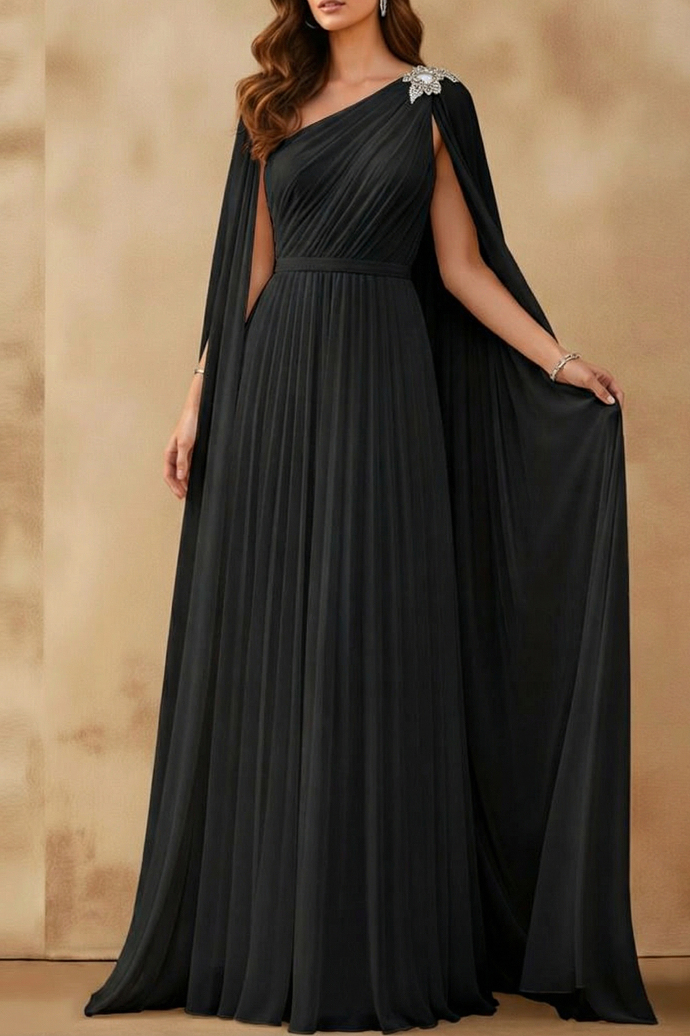 White Formal Dress A-Line One Shoulder Pleated Maxi Dress with Cape