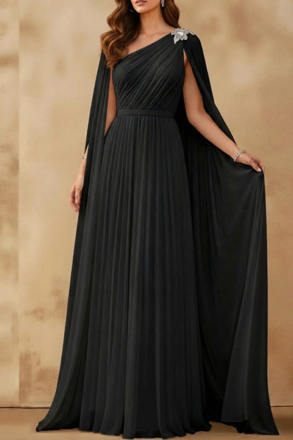 White Formal Dress A-Line One Shoulder Pleated Maxi Dress with Cape