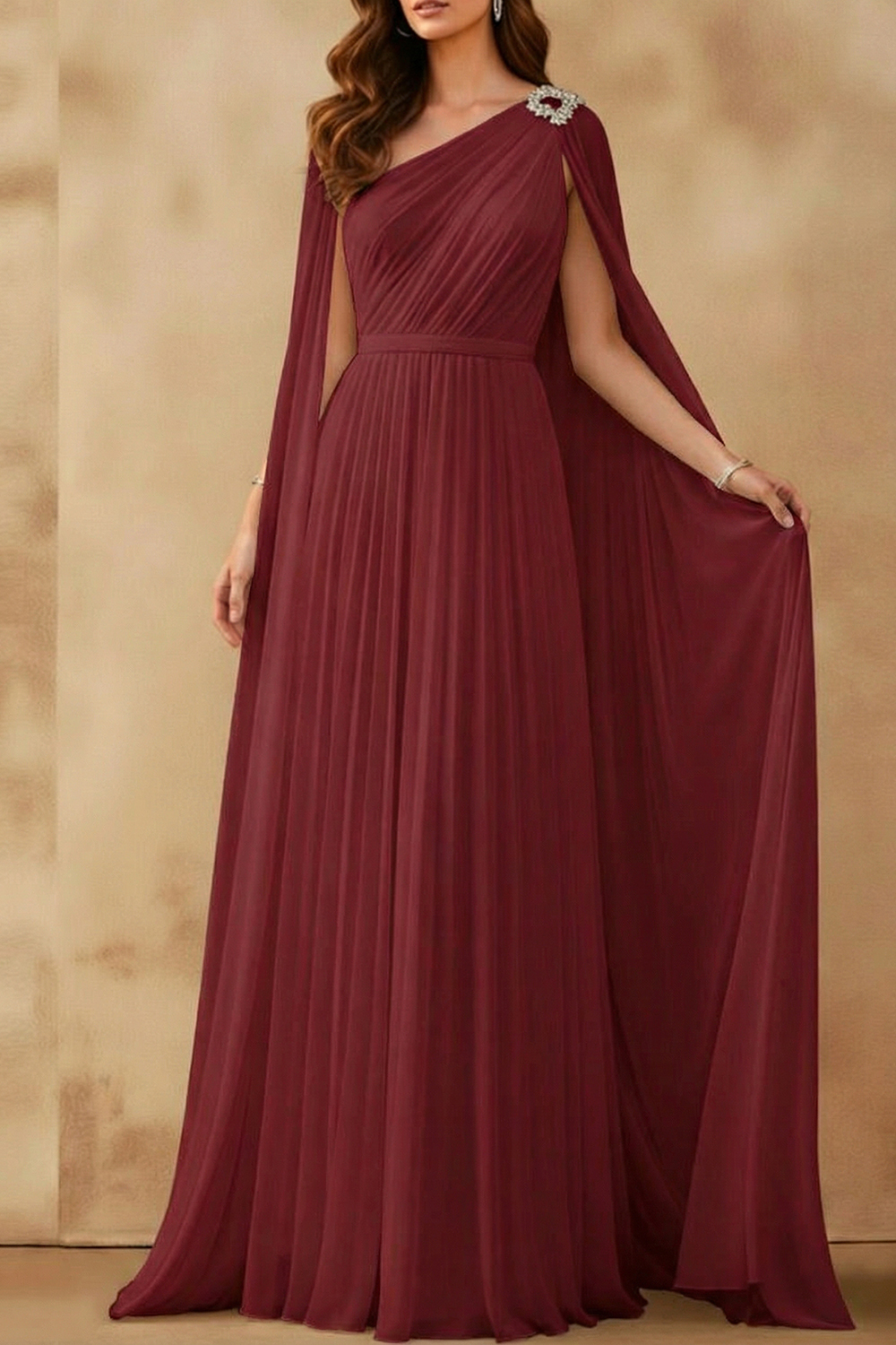 White Formal Dress A-Line One Shoulder Pleated Maxi Dress with Cape