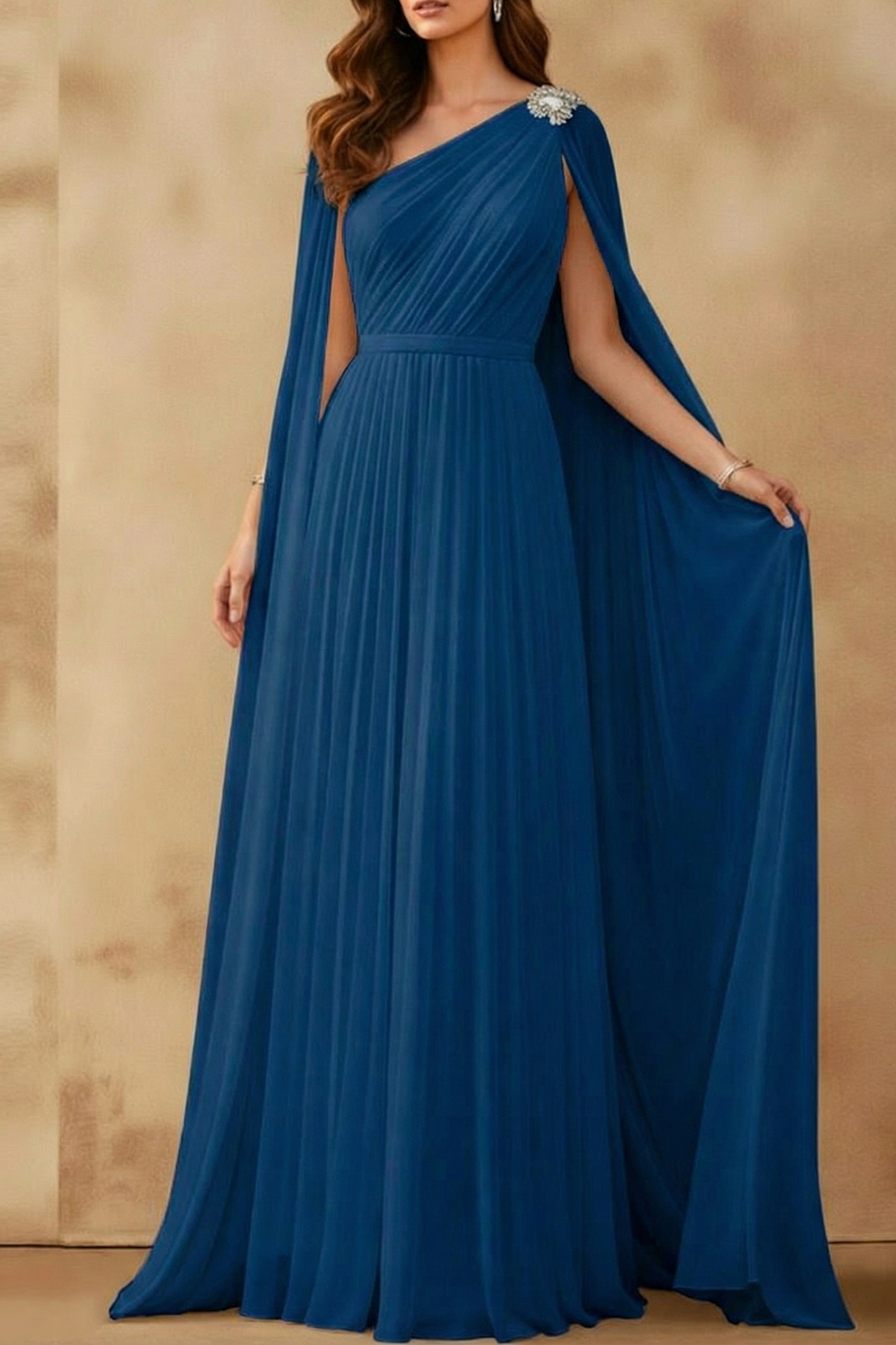 White Formal Dress A-Line One Shoulder Pleated Maxi Dress with Cape