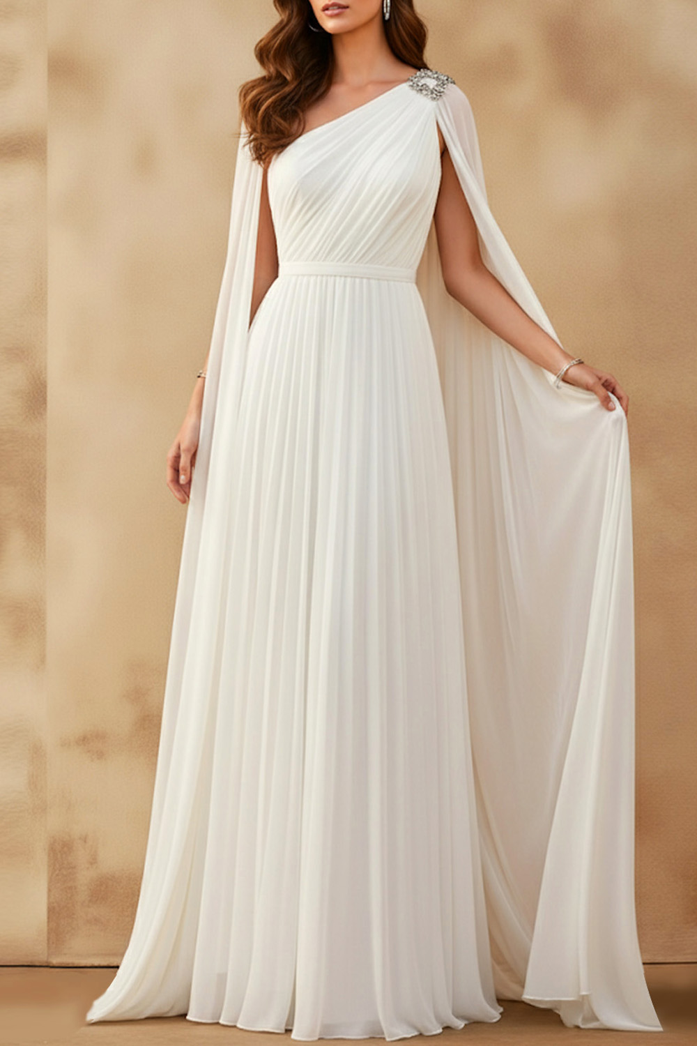 White Formal Dress A-Line One Shoulder Pleated Maxi Dress with Cape