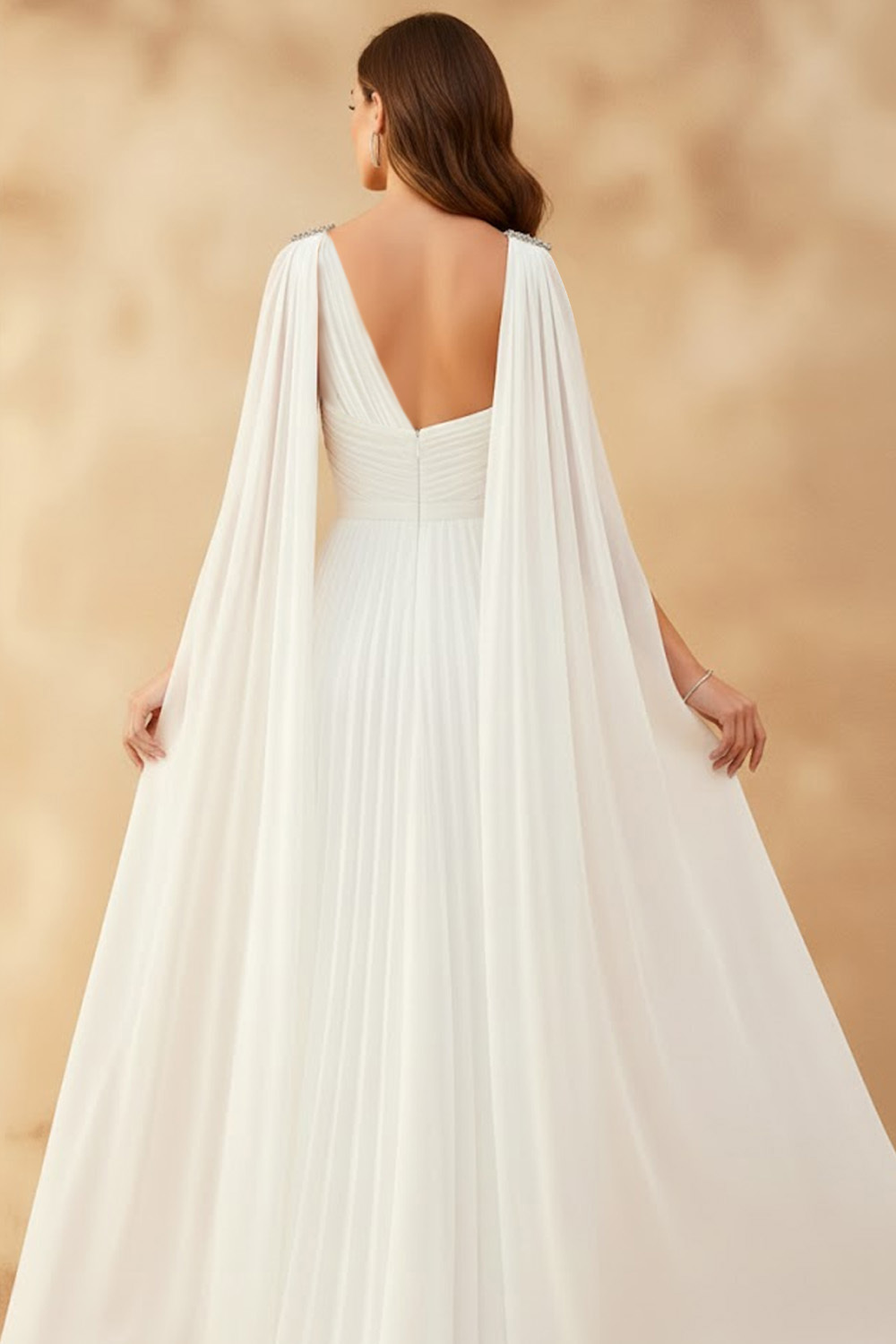 White Formal Dress A-Line One Shoulder Pleated Maxi Dress with Cape
