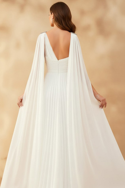 White Formal Dress A-Line One Shoulder Pleated Maxi Dress with Cape