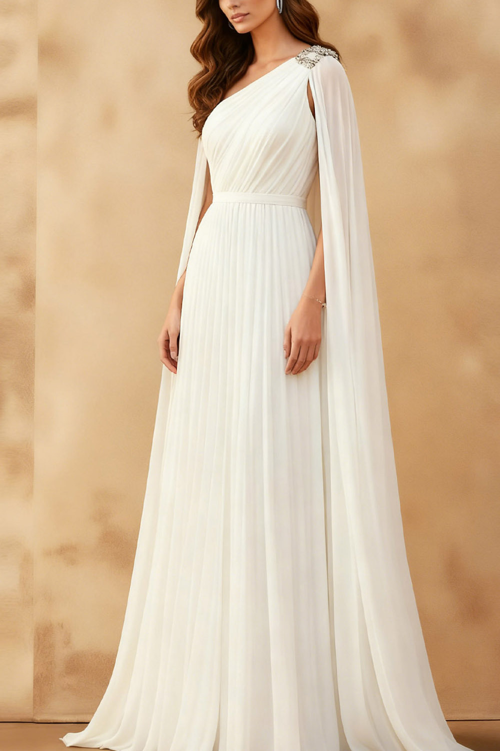 White Formal Dress A-Line One Shoulder Pleated Maxi Dress with Cape