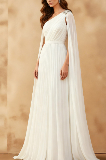 White Formal Dress A-Line One Shoulder Pleated Maxi Dress with Cape