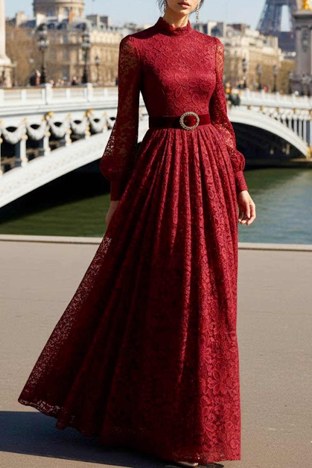 Burgundy Formal Dress A-Line High Neck Long Sleeve Lace Maxi Dress