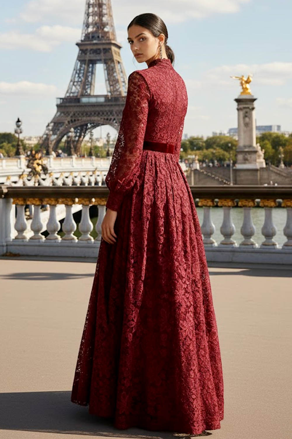 Burgundy Formal Dress A-Line High Neck Long Sleeve Lace Maxi Dress 