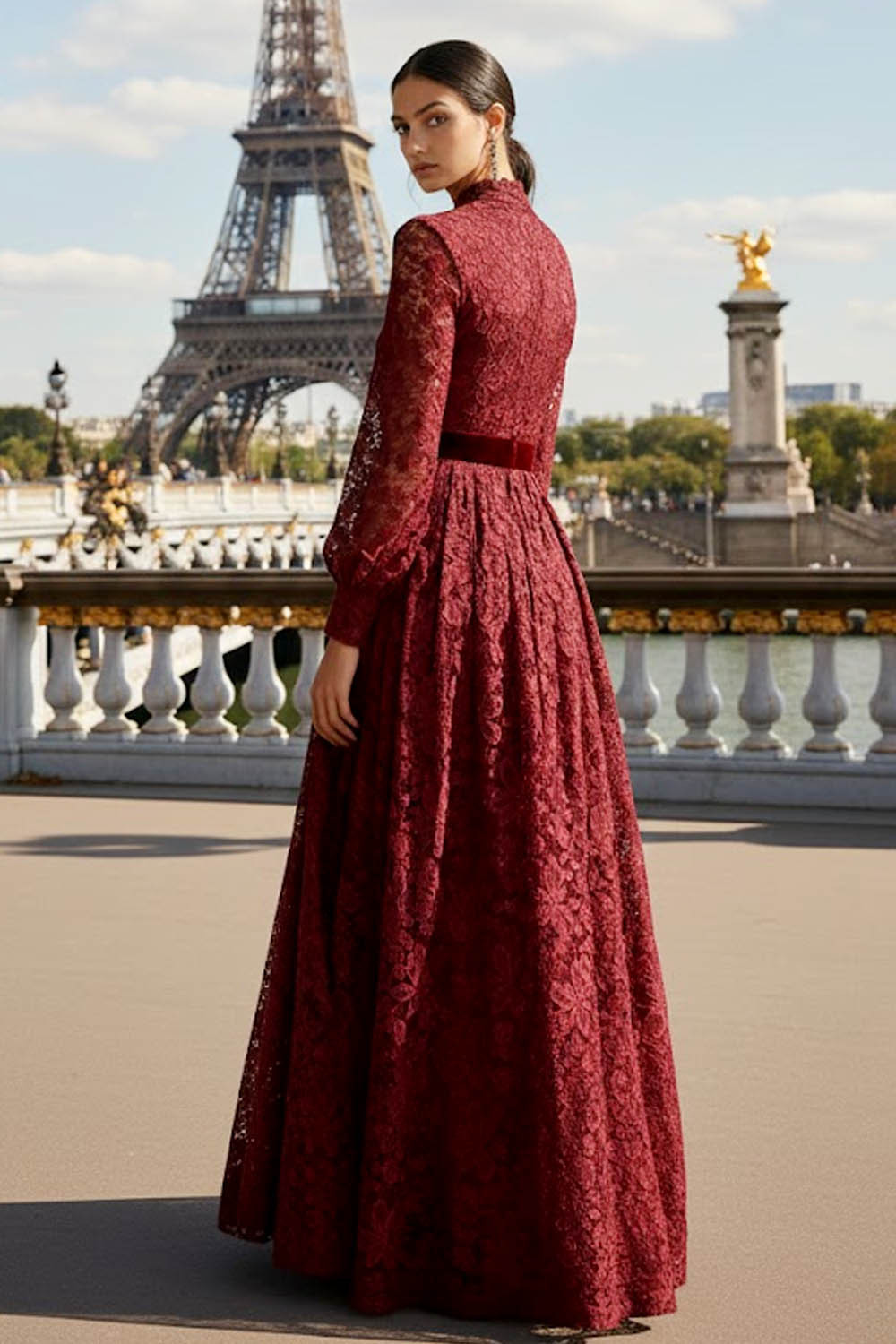 Burgundy Formal Dress A-Line High Neck Long Sleeve Lace Maxi Dress 