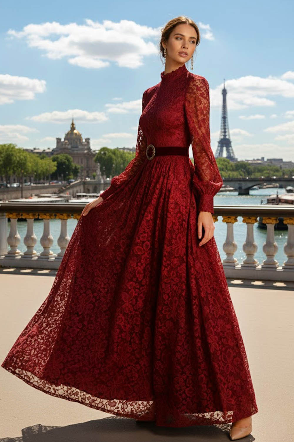 Burgundy Formal Dress A-Line High Neck Long Sleeve Lace Maxi Dress 