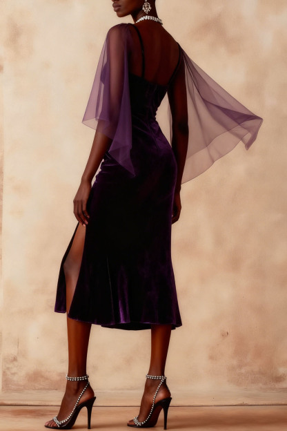 Dark Purple Formal Dress Sheath Ruffle Sleeve Velvet Midi Dress with Slit