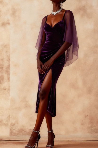 Dark Purple Formal Dress Sheath Ruffle Sleeve Velvet Midi Dress with Slit