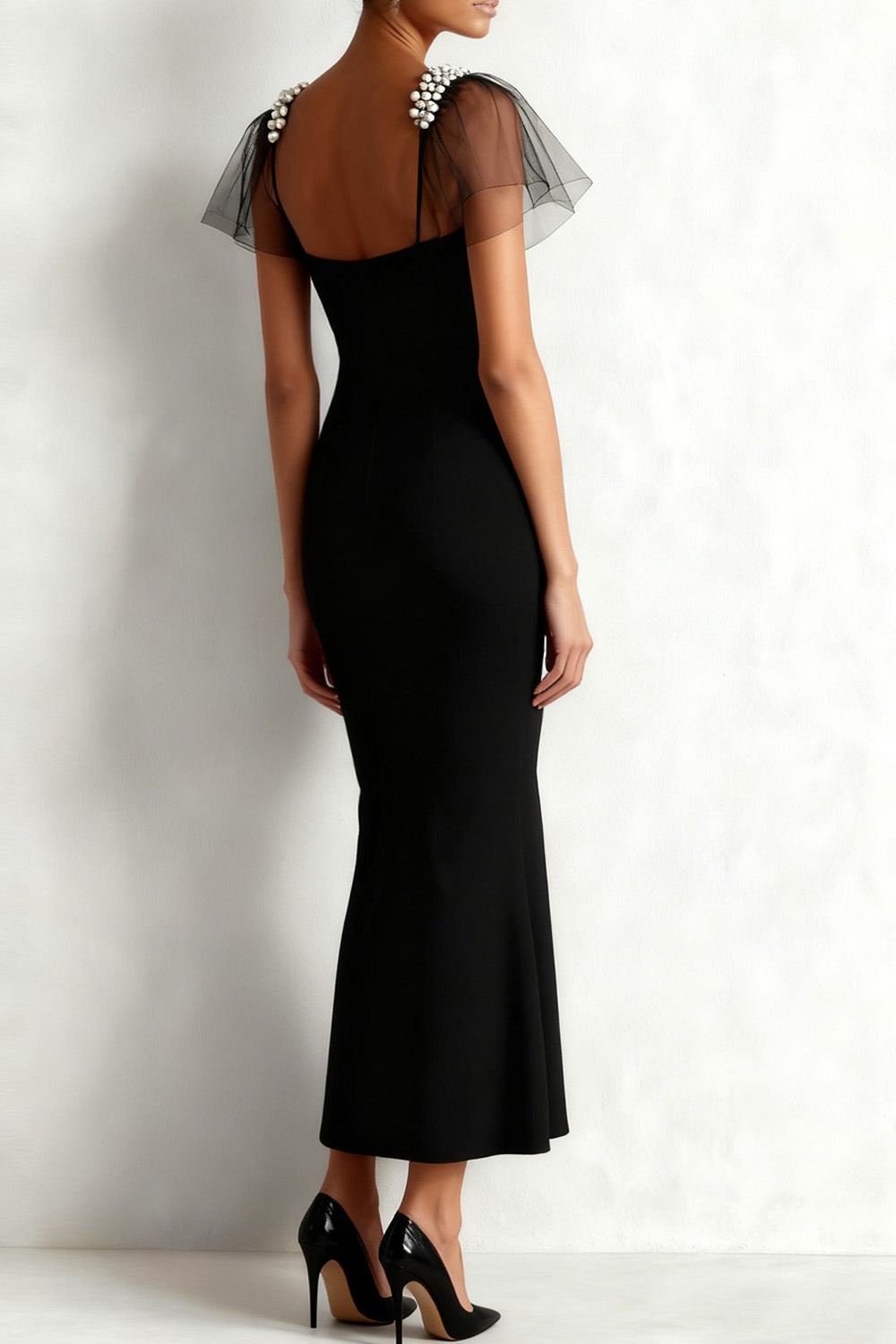 Black Formal Evening Dress Mermaid Ruffle Sleeve Maxi Dress
