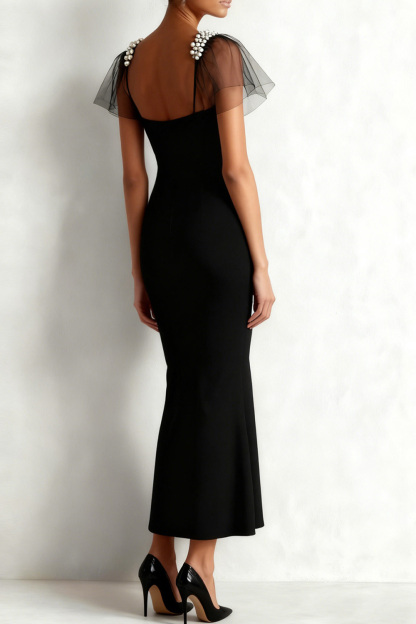 Black Formal Evening Dress Mermaid Ruffle Sleeve Maxi Dress