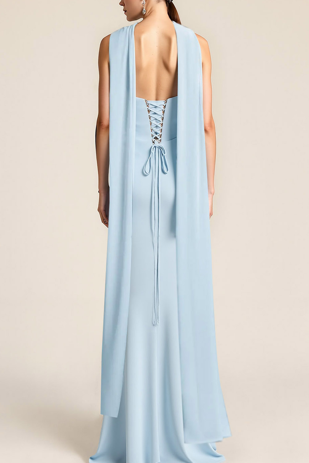 Sky Blue Evening Formal Dress Strapless Slit Maxi Dress with Scarf