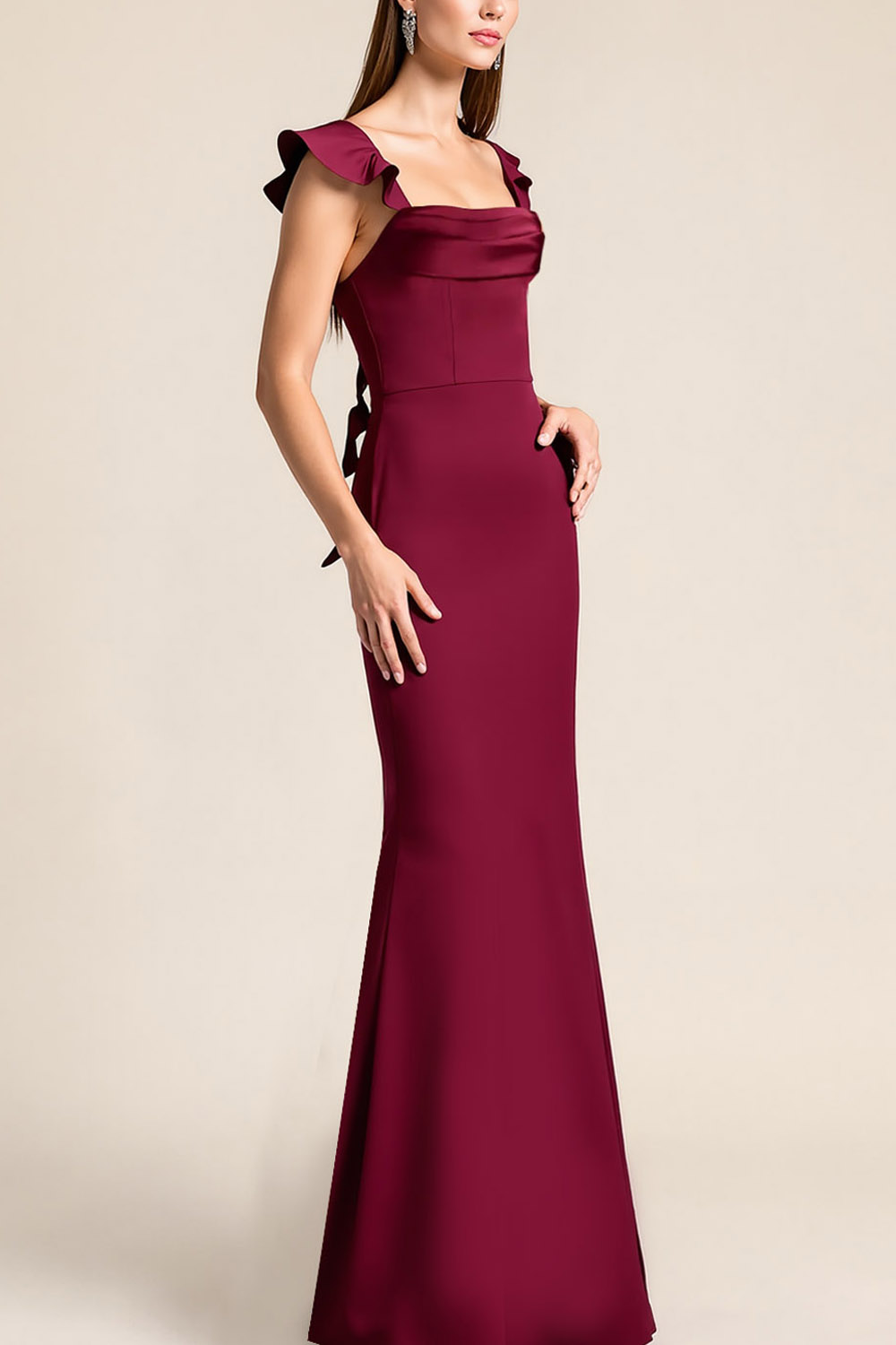 Formal ​Wedding Bridesmaid Dress Burgundy Cowl Neck Satin Maxi Dress with Ruffle