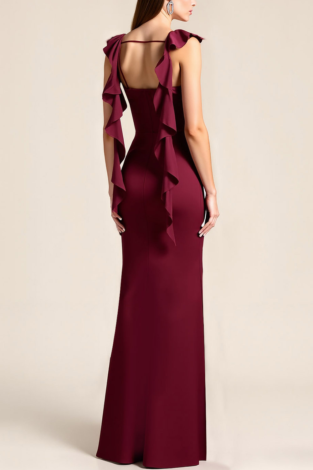 Formal ​Wedding Bridesmaid Dress Burgundy Cowl Neck Satin Maxi Dress with Ruffle