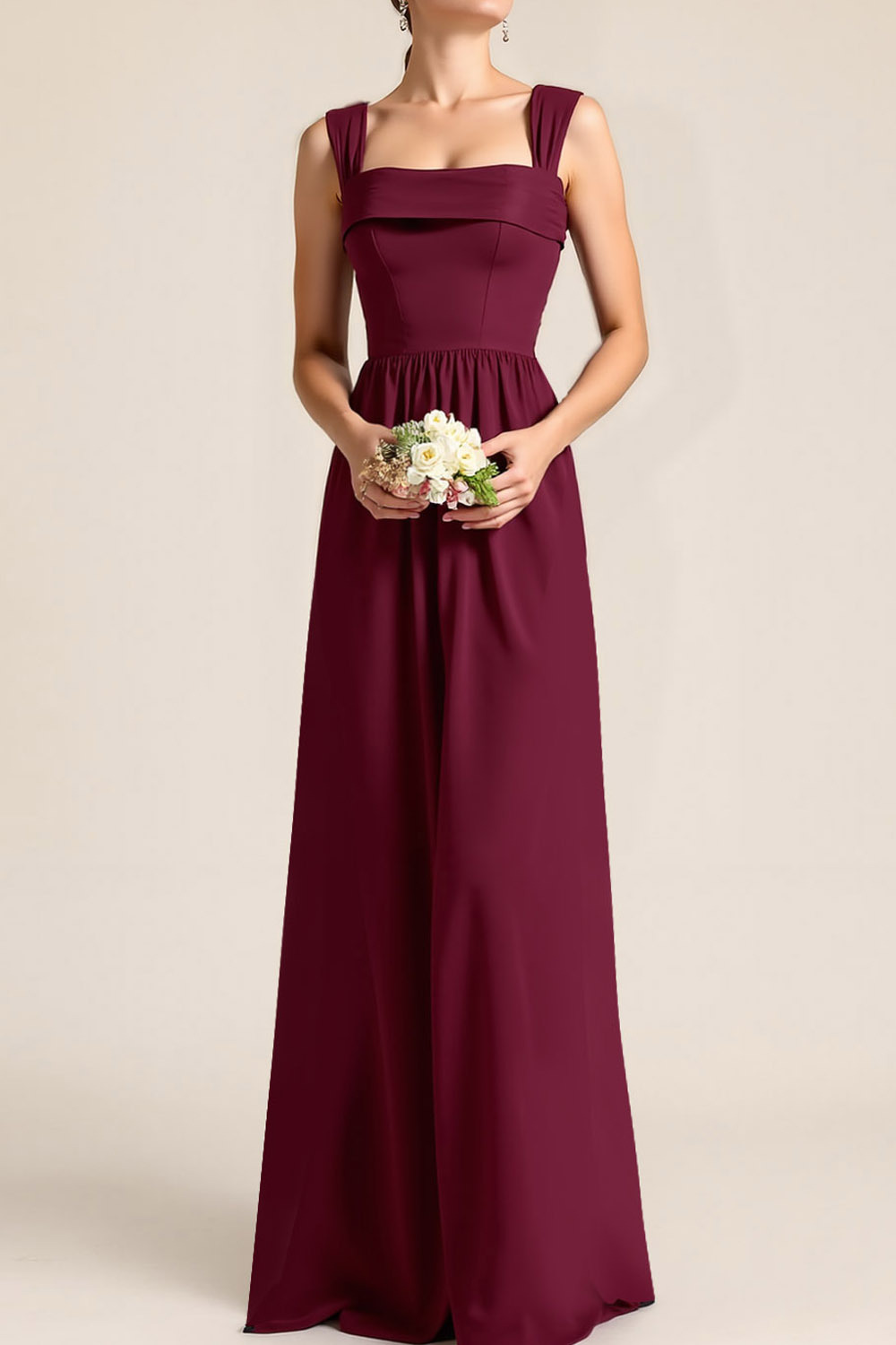Burgundy Formal ​Wedding Bridesmaid Dress A-Line Lace-Up Maxi Dress