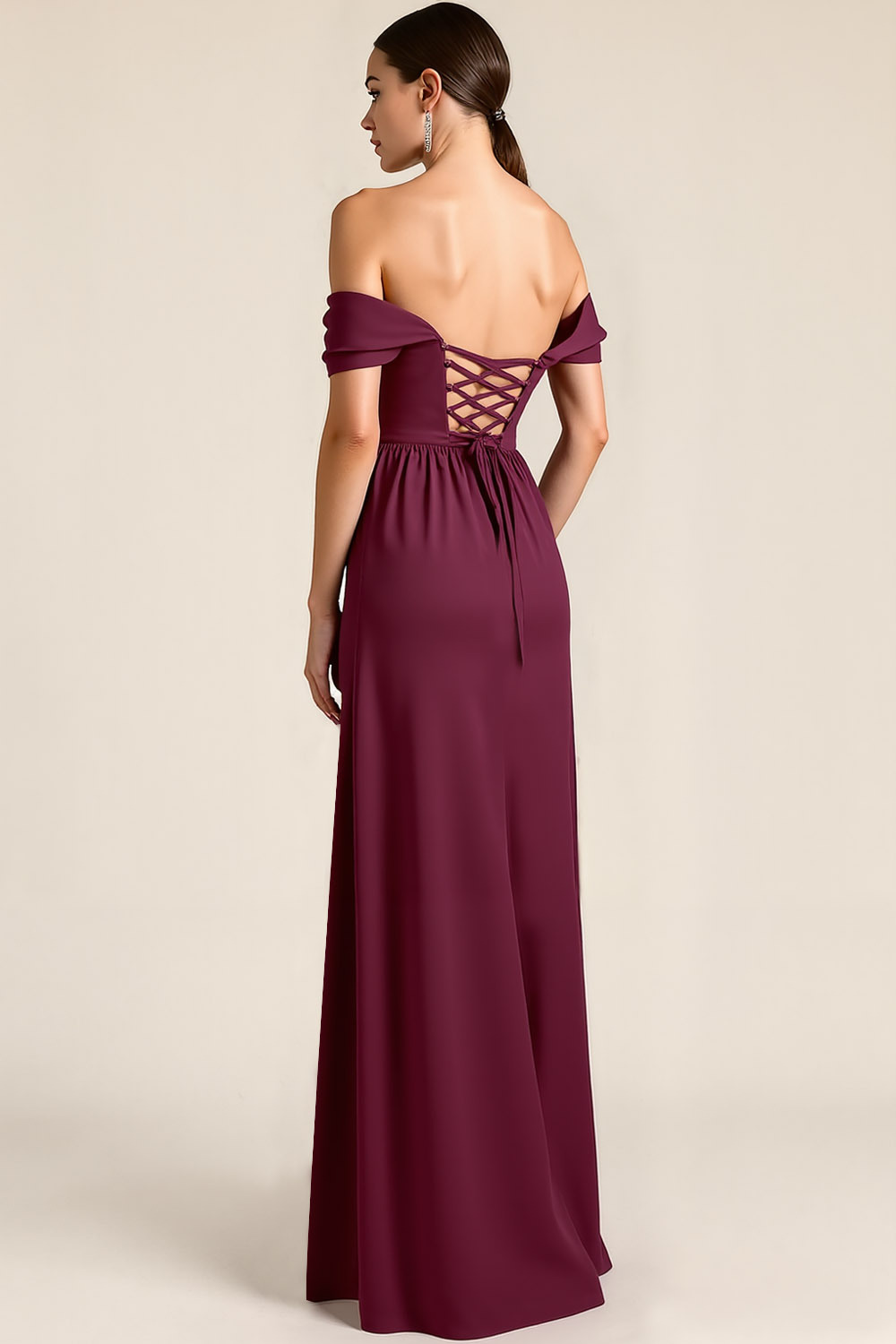 Burgundy Formal ​Wedding Bridesmaid Dress A-Line Lace-Up Maxi Dress 