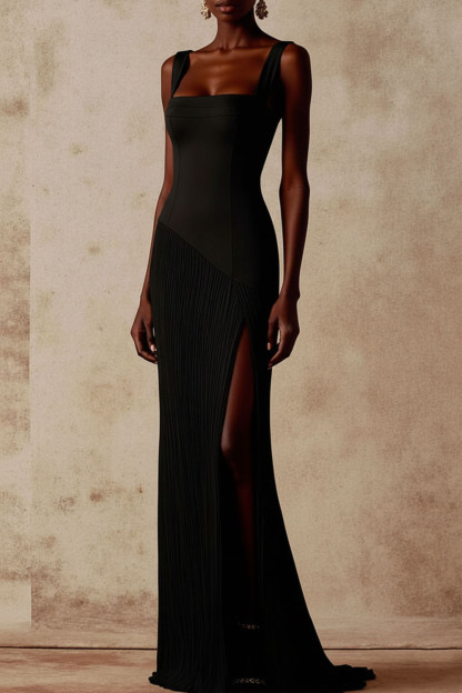 Champagne Evening Formal Dress Straps Pleated Maxi Dress with Slit