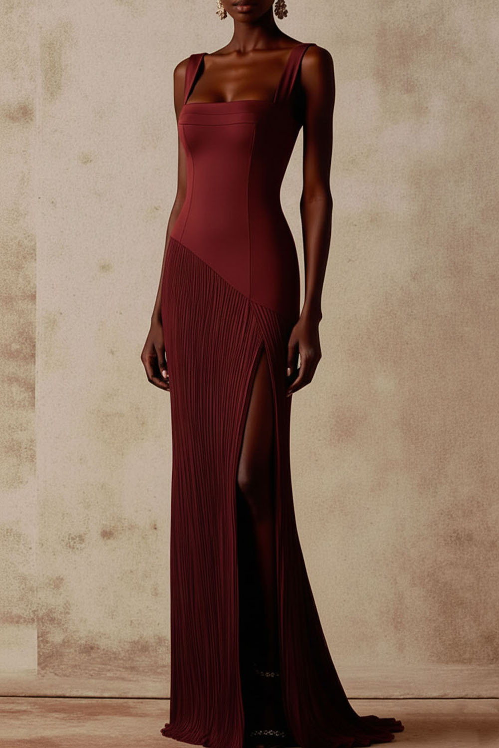 Champagne Evening Formal Dress Straps Pleated Maxi Dress with Slit