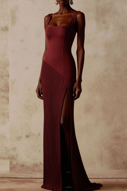 Champagne Evening Formal Dress Straps Pleated Maxi Dress with Slit