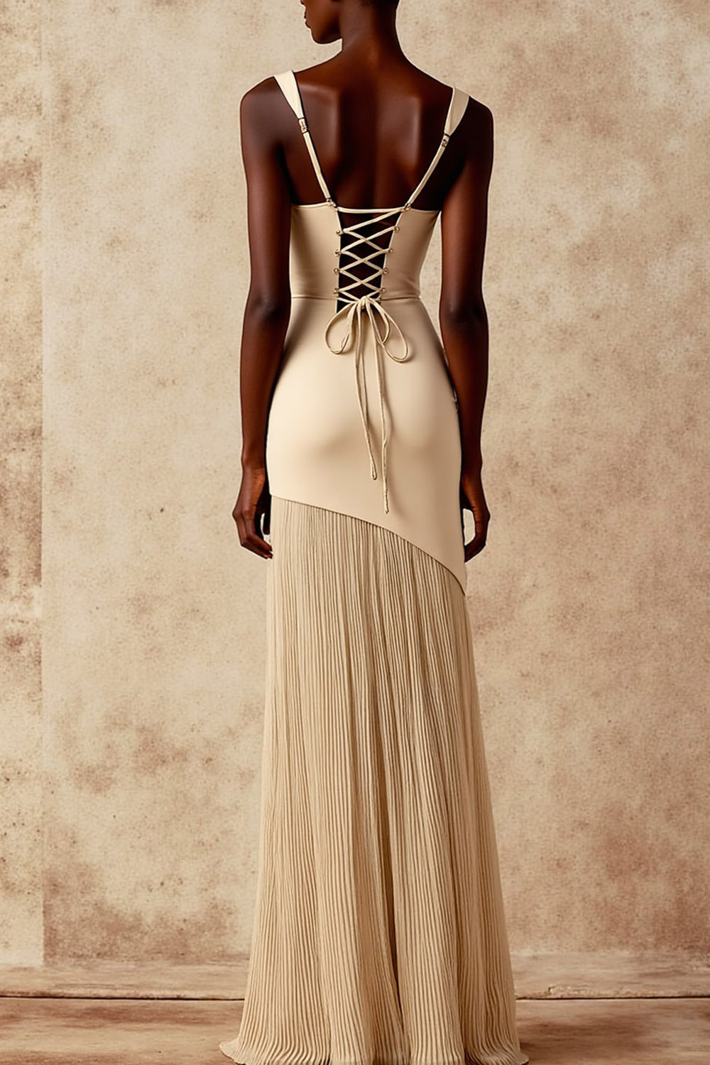 Champagne Evening Formal Dress Straps Pleated Maxi Dress with Slit