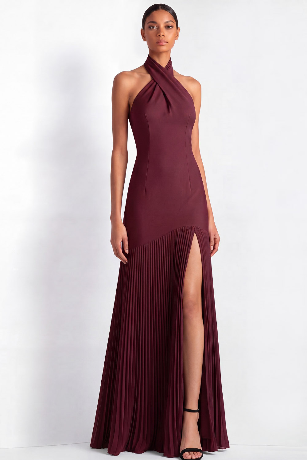 Formal ​Wedding Bridesmaid Dress Burgundy Halter Pleated Maxi Dress with Slit