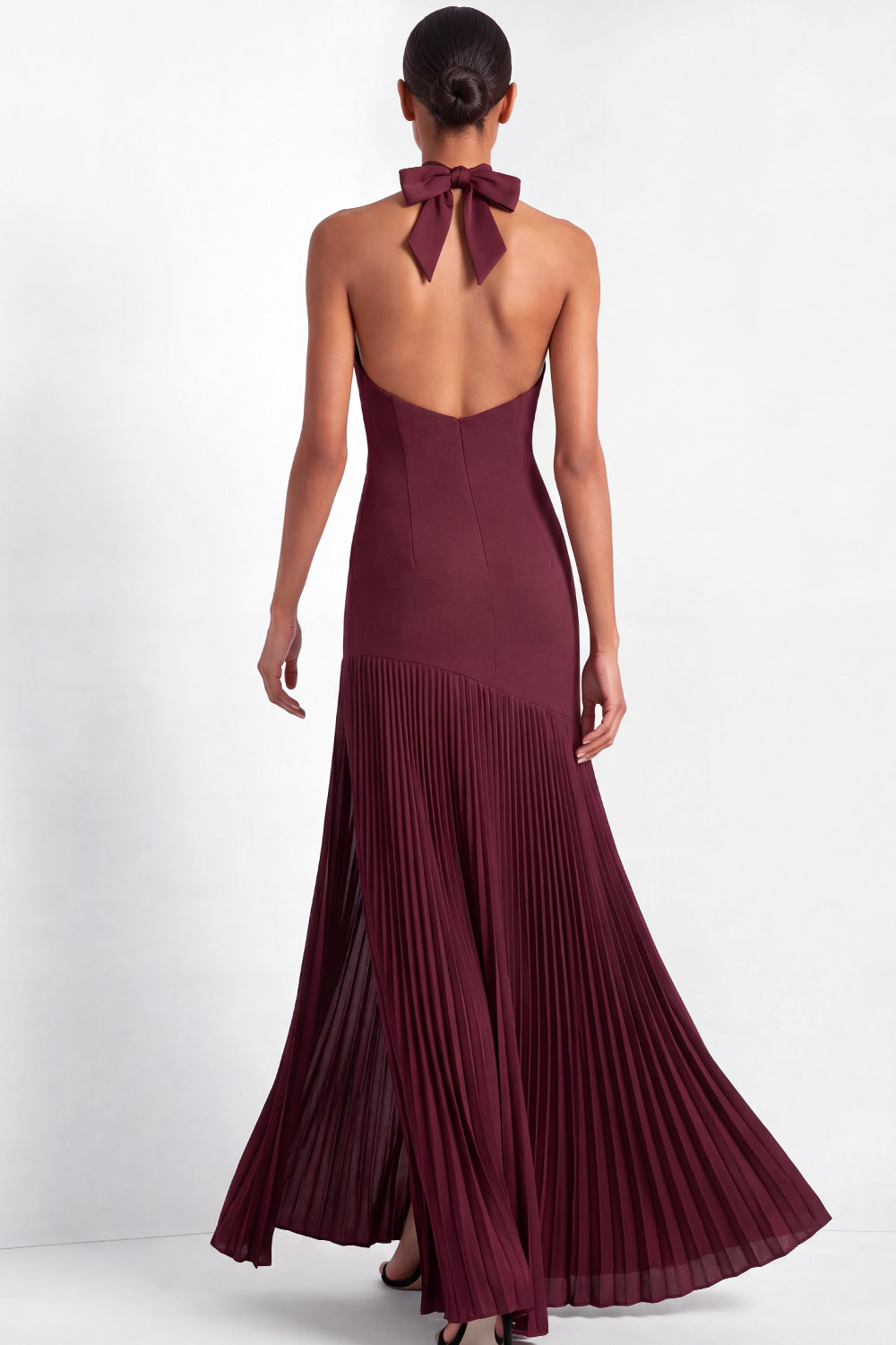 Formal ​Wedding Bridesmaid Dress Burgundy Halter Pleated Maxi Dress with Slit