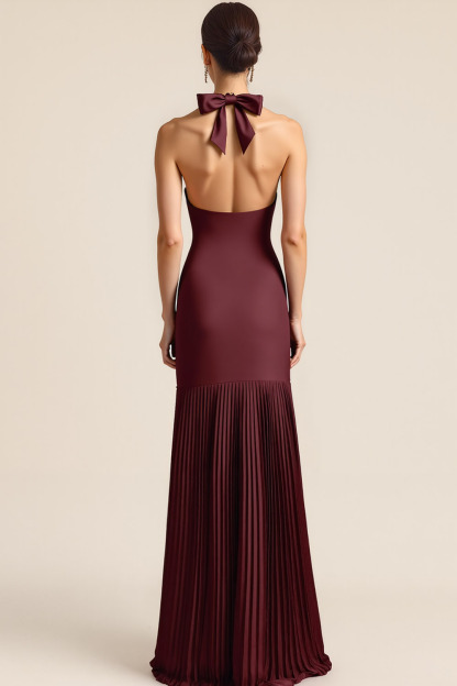 Formal ​Wedding Bridesmaid Dress Burgundy Halter Pleated Maxi Dress with Slit