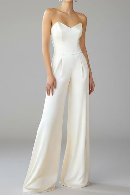 White Formal Jumpsuit Strapless Lace-Up Back Jumpsuit 