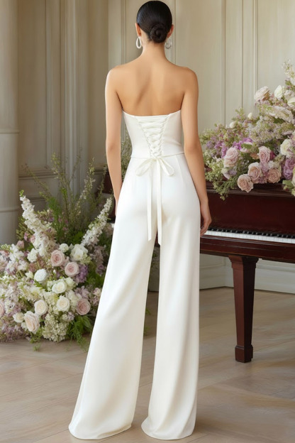 White Formal Jumpsuit Strapless Lace-Up Back Jumpsuit 