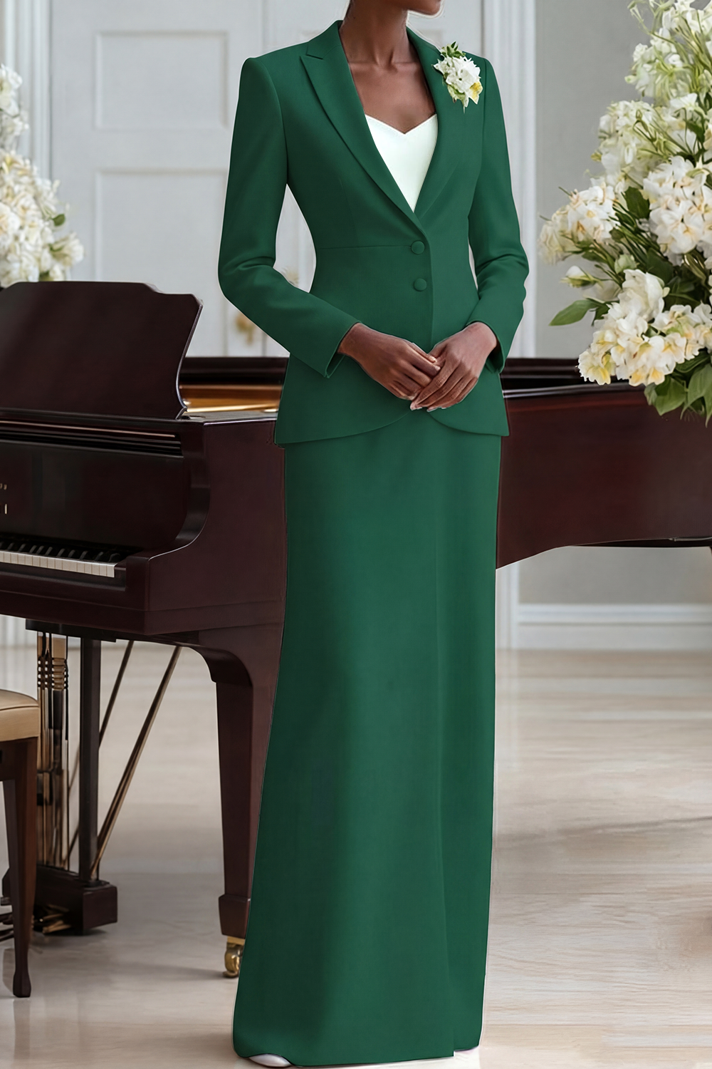 White Business ​Formal Blazer Suit Lapel Long Sleeve Maxi Skirt Set​​