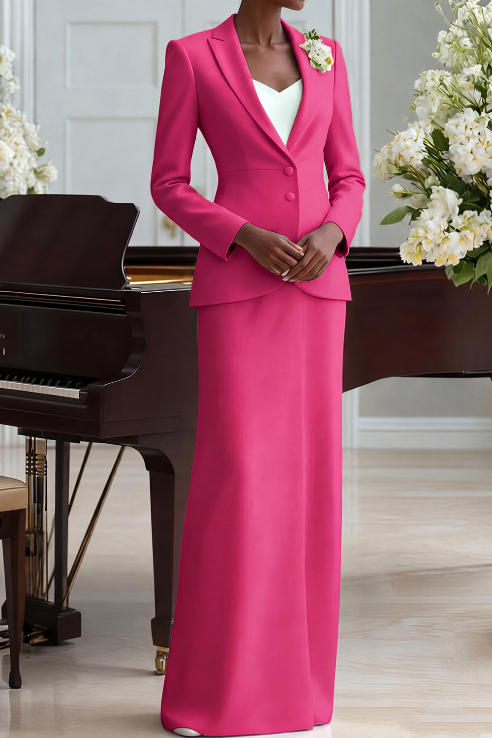 White Business ​Formal Blazer Suit Lapel Long Sleeve Maxi Skirt Set​​ 