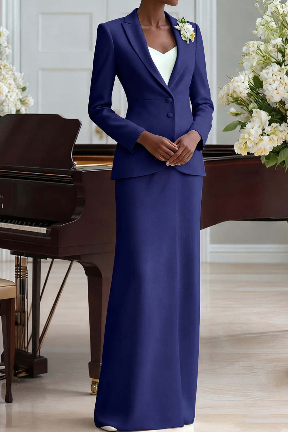 White Business ​Formal Blazer Suit Lapel Long Sleeve Maxi Skirt Set​​