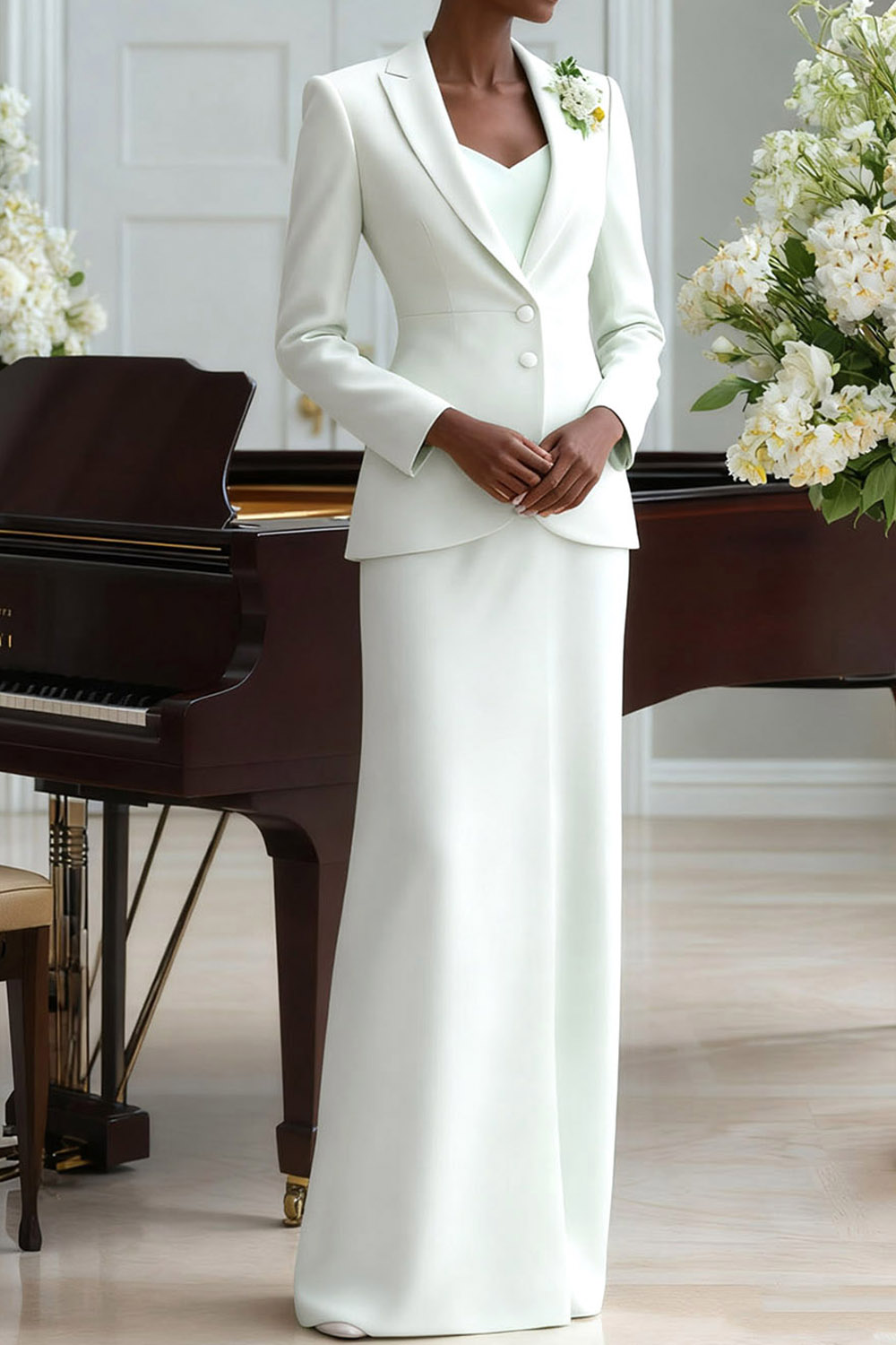 White Business ​Formal Blazer Suit Lapel Long Sleeve Maxi Skirt Set​​ 