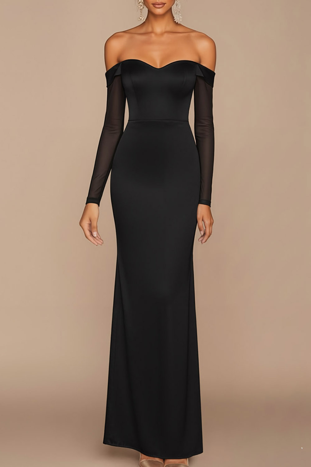 White Formal Dress Sheath Off the Shoulder Long Sleeve Maxi Dress with Slit